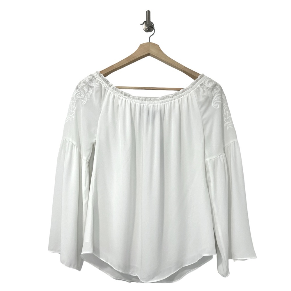 White House Black Market WHBM White Embroidered Off Shoulder Blouse Size Medium - Picture 5 of 14